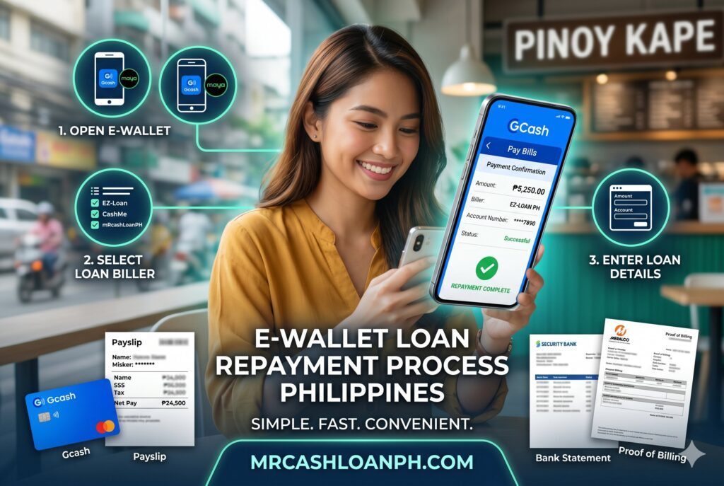 Borrower paying online loan through Philippine e-wallet and digital banking repayment system