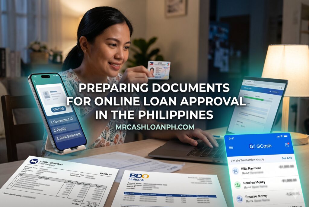 Filipino applicant preparing valid IDs proof of income and e-wallet account for online loan application