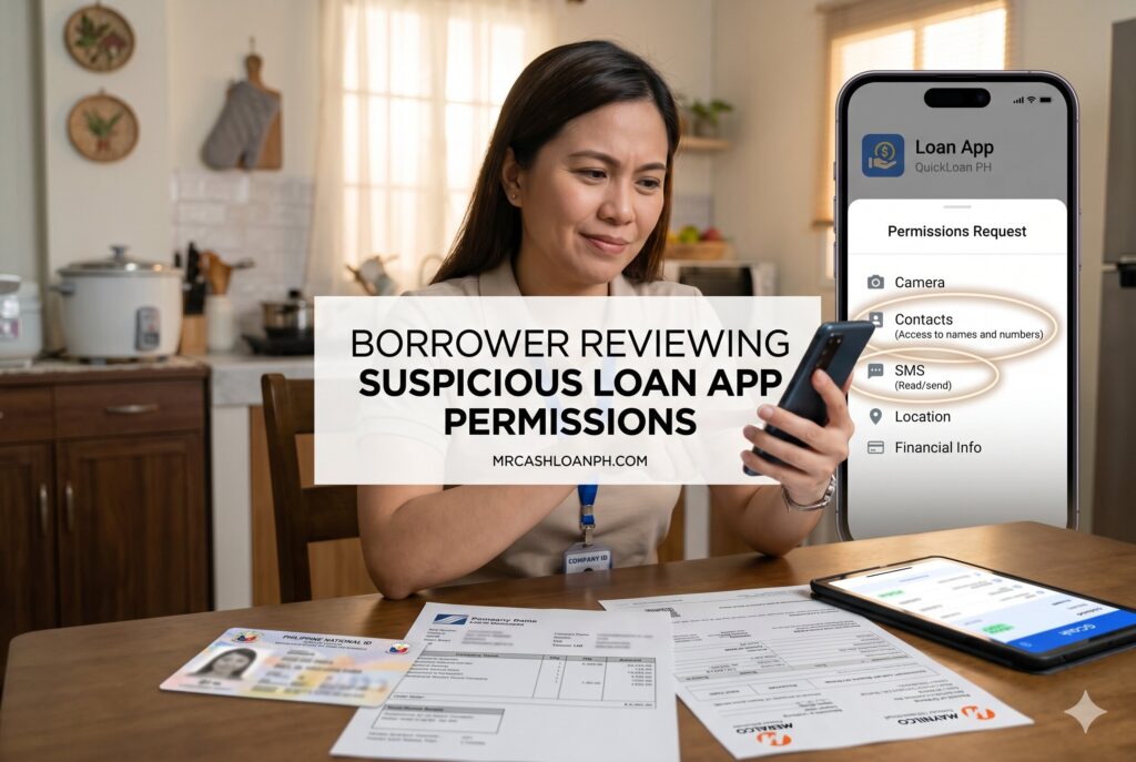 Filipino borrower checking dangerous app permissions before applying for online loan
