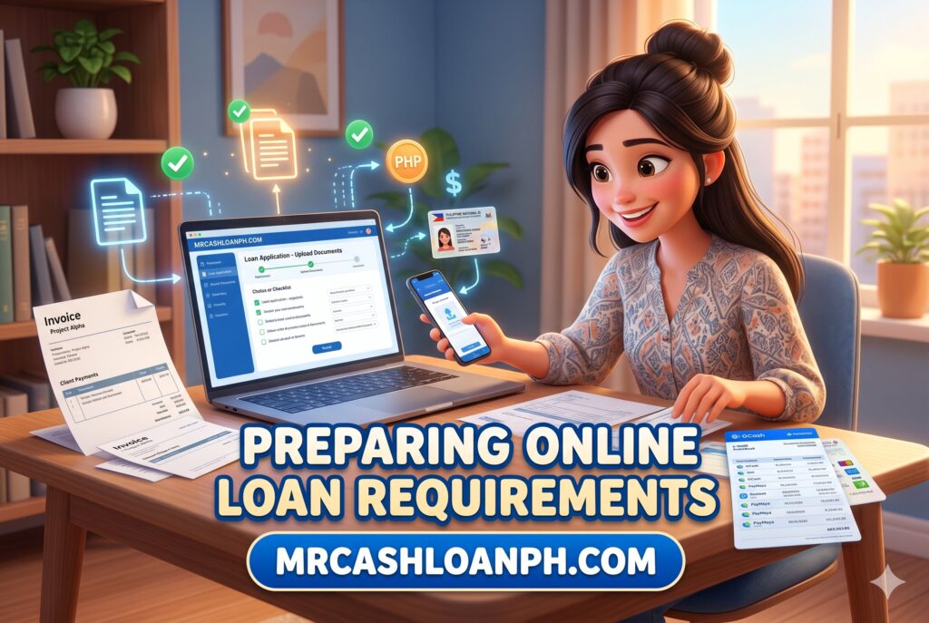Freelancer organizing invoices, e-wallet records, and identification for quick online loan application