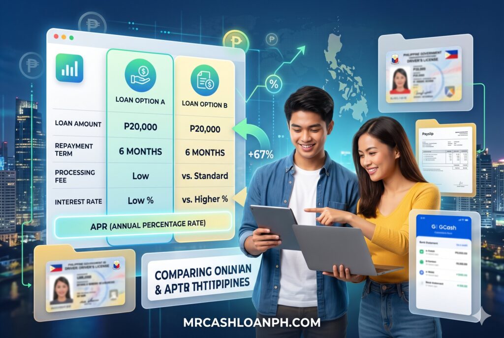 Philippine borrower comparing online loan interest rates APR repayment schedules and total borrowing costs