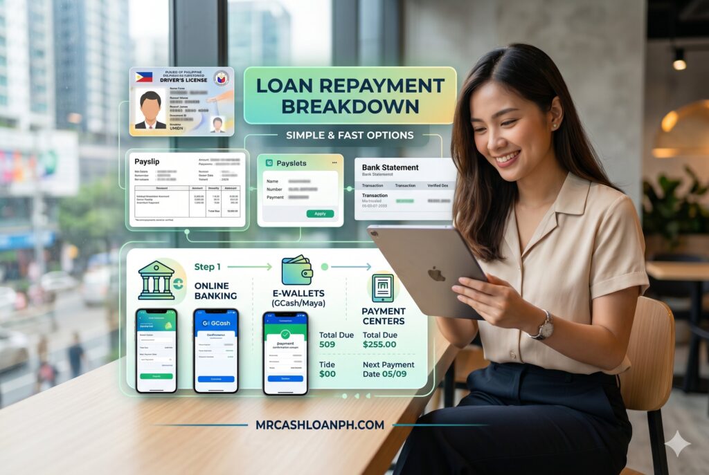 Sample quick loan repayment calculation showing interest fees penalties and total payable amount in the Philippines