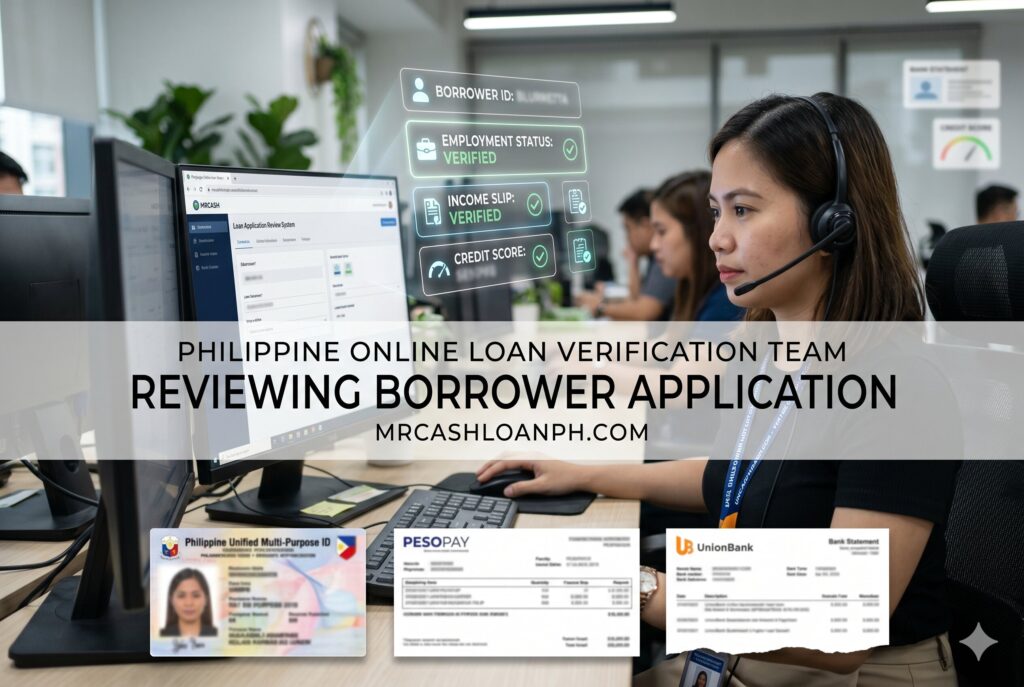 Verification officers reviewing borrower data for online loan approval in the Philippines