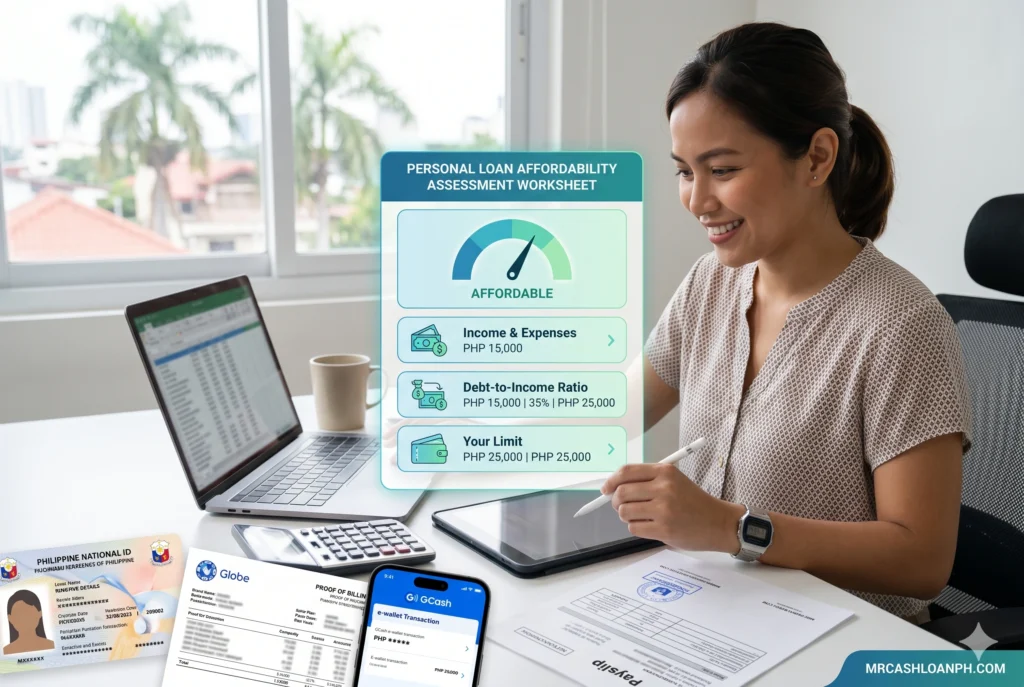 Personal Loan Affordability Assessment Worksheet Borrower calculating APR monthly repayment and total loan costs before accepting a personal loan