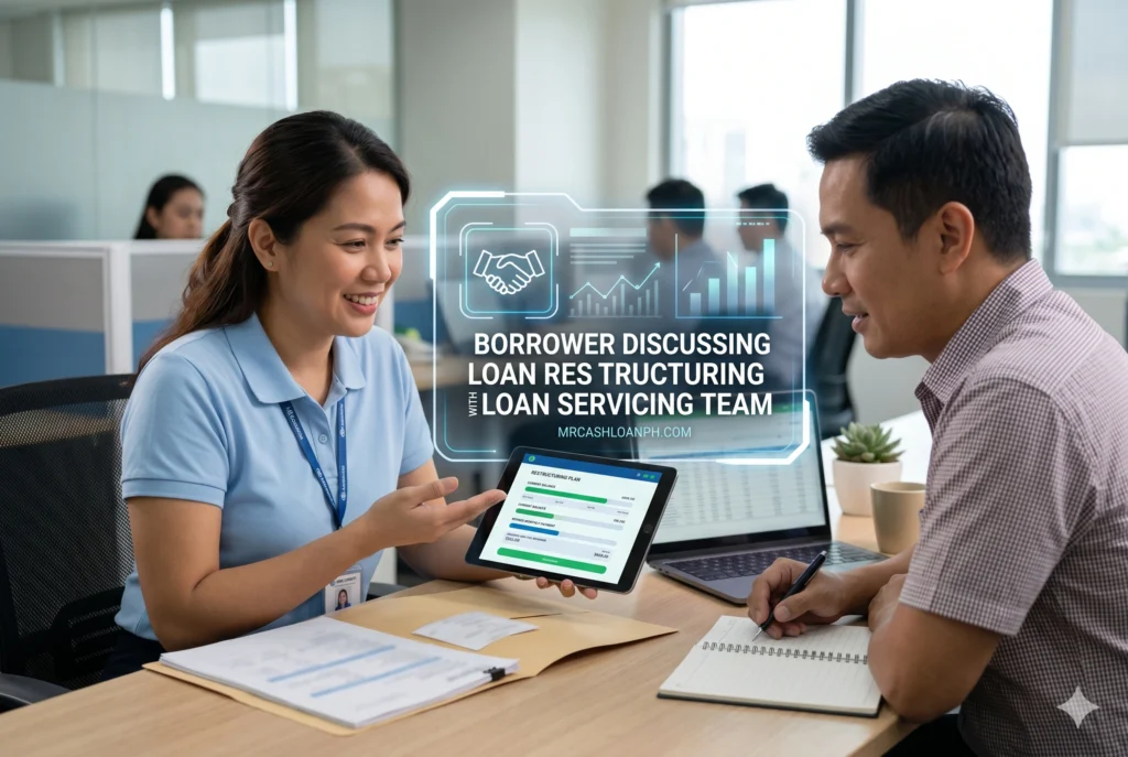 Borrower Discussing Loan Restructuring With Loan Servicing Team Filipino borrower requesting personal loan restructuring after missed payments