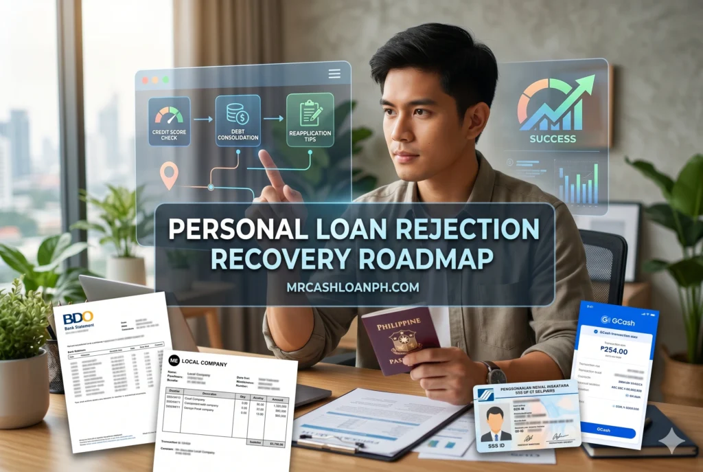 Flowchart showing steps from loan rejection to financial profile improvement and successful reapplication