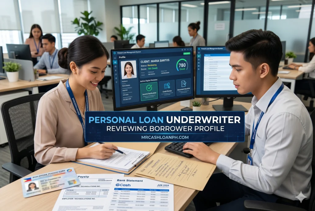 Personal Loan Underwriter Reviewing Borrower Profile Loan underwriter assessing income documents credit history and borrower risk factors