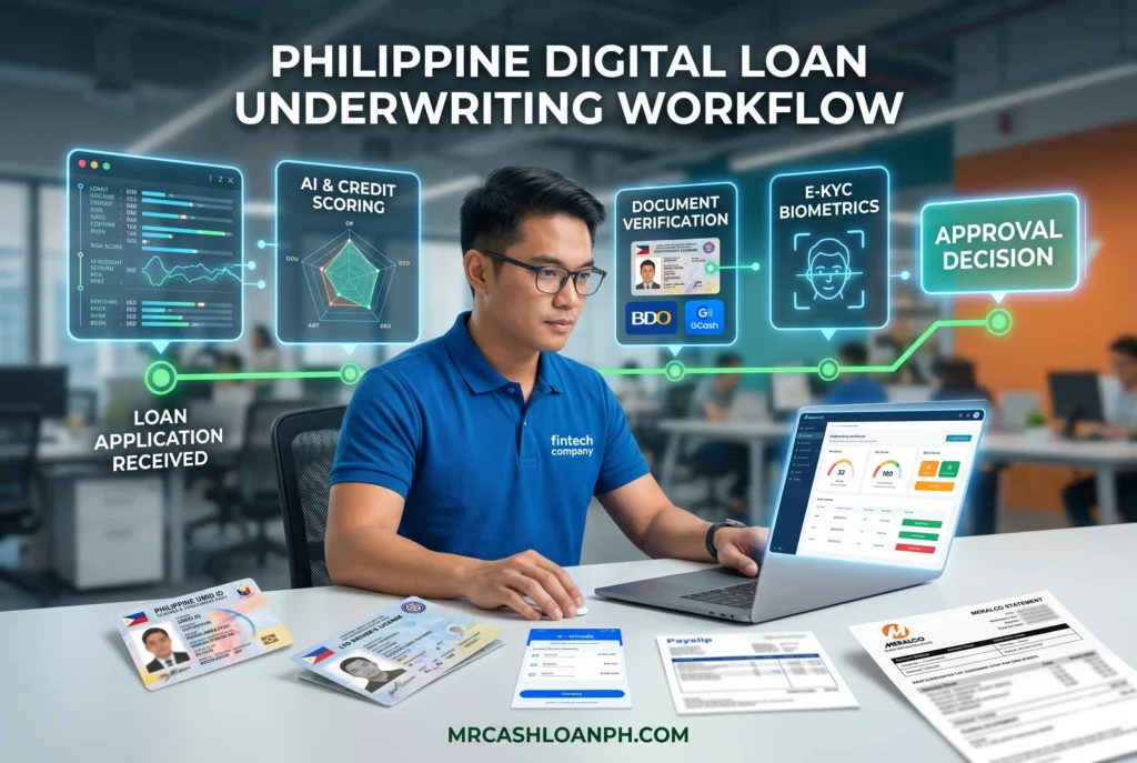 Philippine Digital Loan Underwriting Workflow Personal loan approval process in the Philippines showing verification, credit assessment, underwriting, and risk evaluation