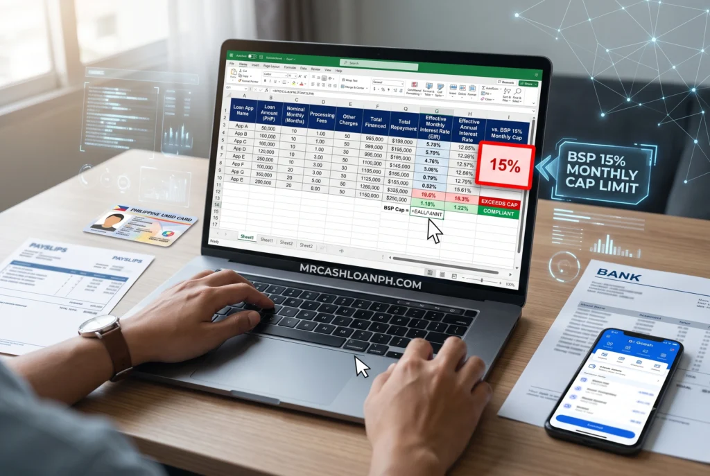 A detailed first-person Excel spreadsheet showing the Effective Interest Rate calculations for legitimate Philippine loan apps, highlighting the BSP 15 percent monthly cap.