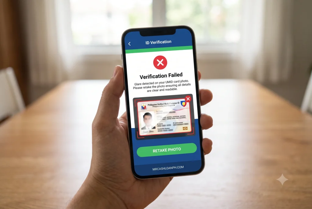 A smartphone screen displaying a red error message on a loan app interface, rejecting a UMID card scan because of overhead light glare blocking the text.