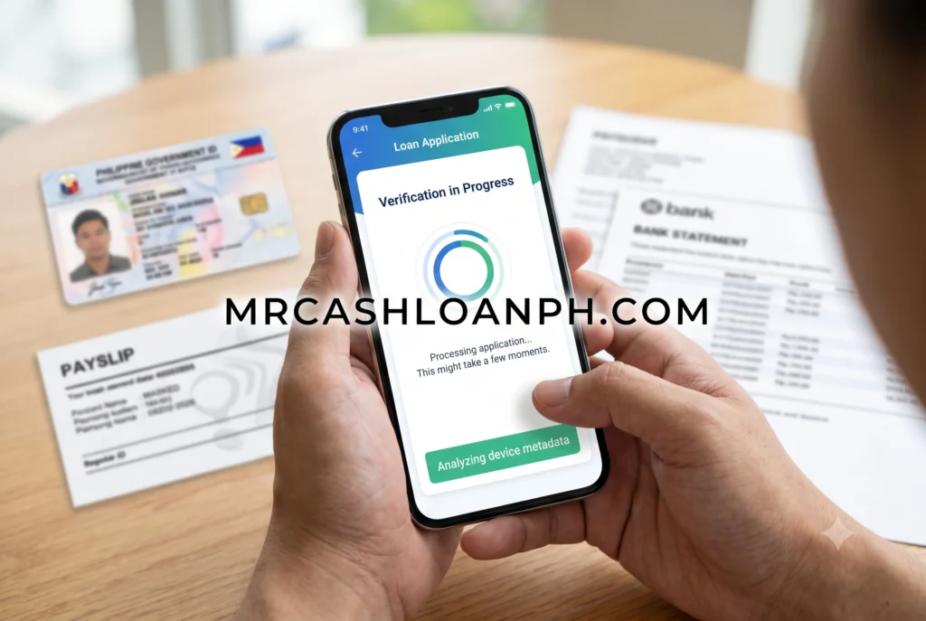 A first-person view of a smartphone screen displaying a real digital loan app's processing UI, with personal details blurred, demonstrating the algorithmic approval phase.