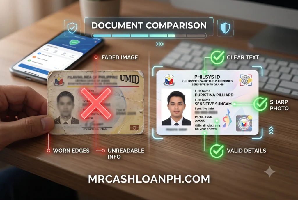 A side-by-side comparison of a new PhilSys ID and a worn-out UMID card to demonstrate why older IDs fail lending app verification.