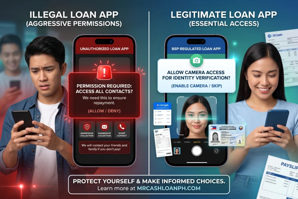 A side-by-side smartphone UI comparison A side-by-side smartphone UI screenshot comparing an illegal loan app aggressively demanding full contact list permissions against a legitimate app asking only for camera access for KYC.