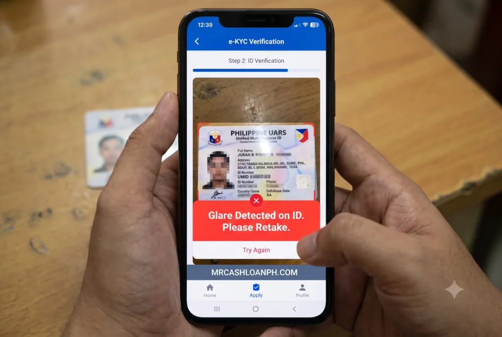 A smartphone screen displaying a failed loan app ID verification step due to hologram glare blocking the optical character recognition scan.