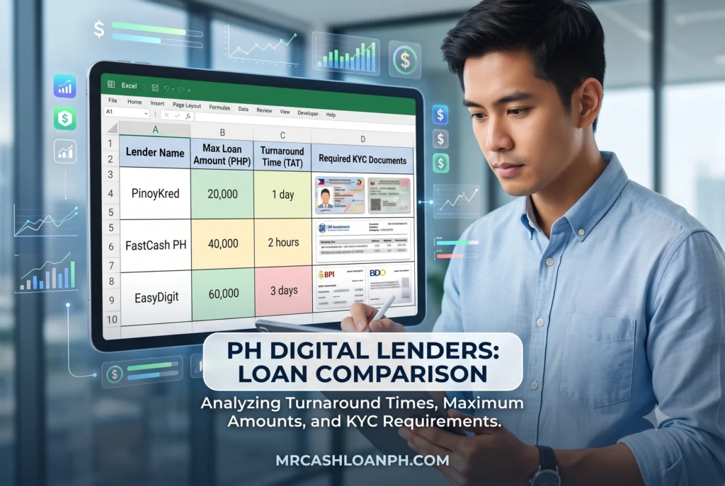 An actual Excel spreadsheet breaking down lender TAT, Effective Interest Rates, and KYC friction points for Philippine digital loan apps.