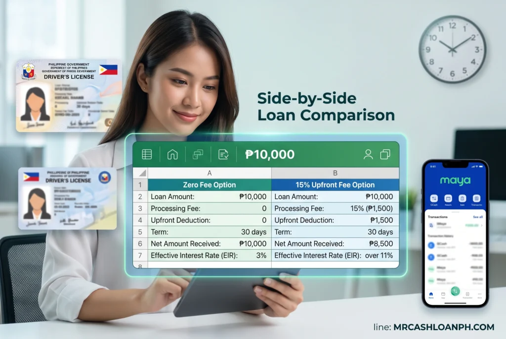 First-person Excel spreadsheet calculating the difference between Nominal Interest Rate and Effective Interest Rate based on Philippine loan app processing fees.