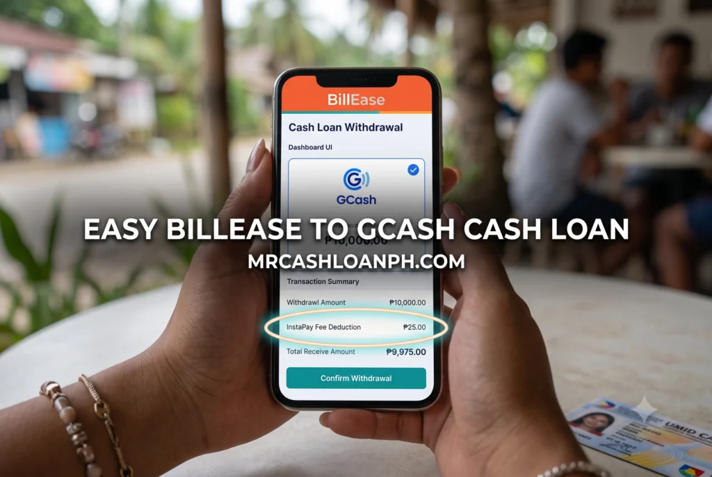 First-person smartphone screenshot of a BillEase cash loan dashboard showing the withdrawal UI with GCash selected as the destination, highlighting the small InstaPay fee deduction at the bottom of the screen.