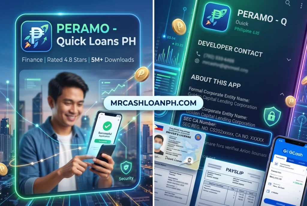 First-person smartphone UI screenshot highlighting the difference between a commercial loan app name and its registered corporate entity name at the bottom of the description.