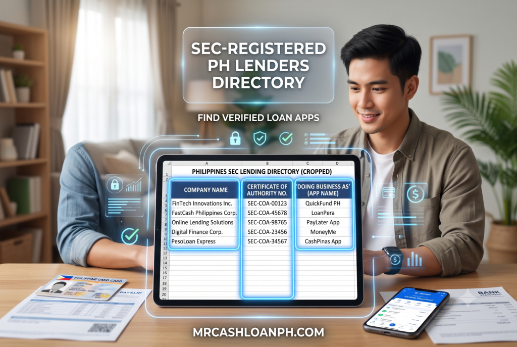 Screenshot of an SEC directory PDF showing how to match a corporate entity name with its specific digital loan app DBA name.