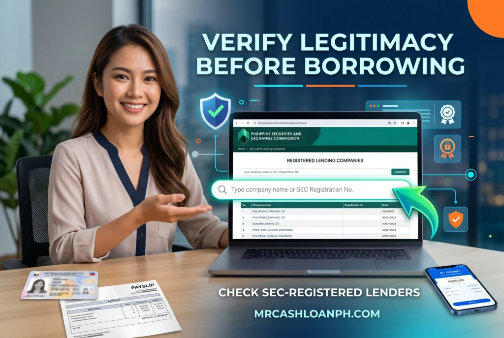 Screenshot of a laptop screen showing the official Philippine SEC List of Lending Companies portal, with an arrow pointing to the search bar used to verify financial institution registration.