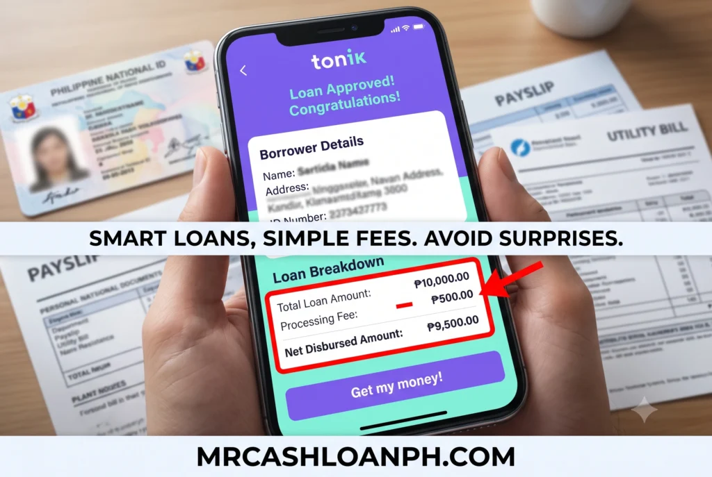 Screenshot of the Tonik digital bank loan approval screen highlighting a transparent processing fee breakdown.